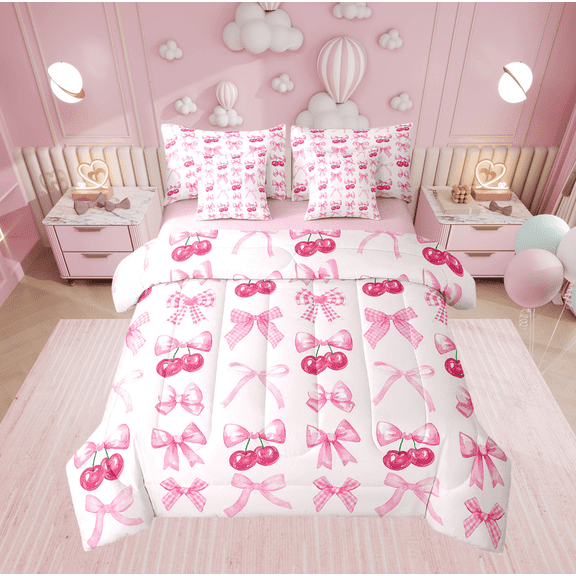 Erosebridal Pink Plaid Bow Bedding Set Cute Bowknot Queen Comforter Set 7 Piece Grids Ribbon Bow Cherry Bed In A Bag With Sheets Kawaii Watercolor Bed Set Teen Women Room Decor