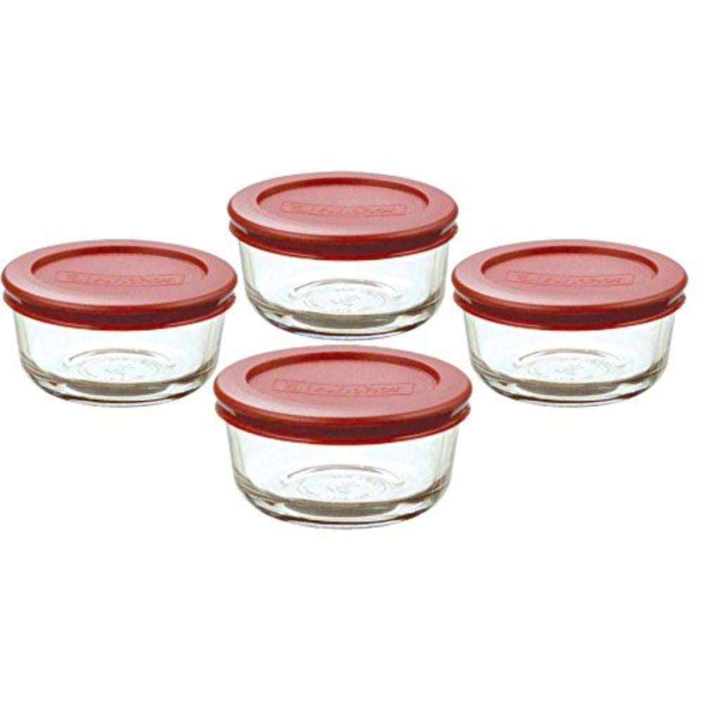 Classic Glass Food Storage Containers with Lids, Red, 1 Cup (Set of 4