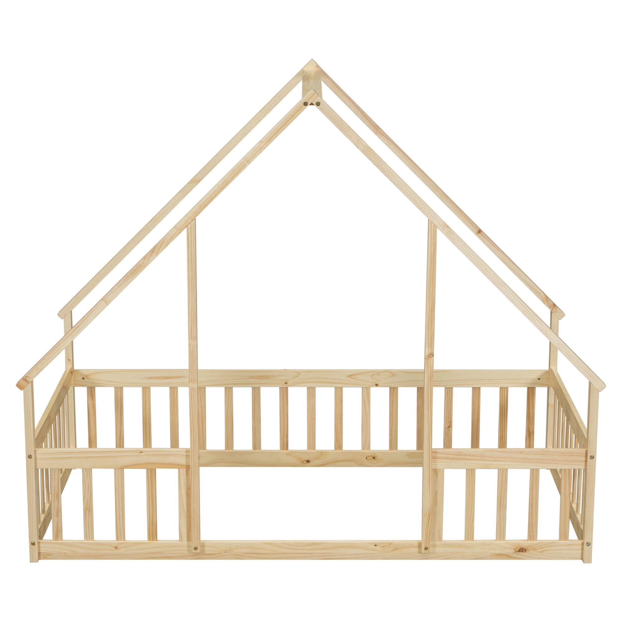 Leumius Twin Wood House-Shaped Floor Bed with Fence, Guardrails for Boys Girls Natural
