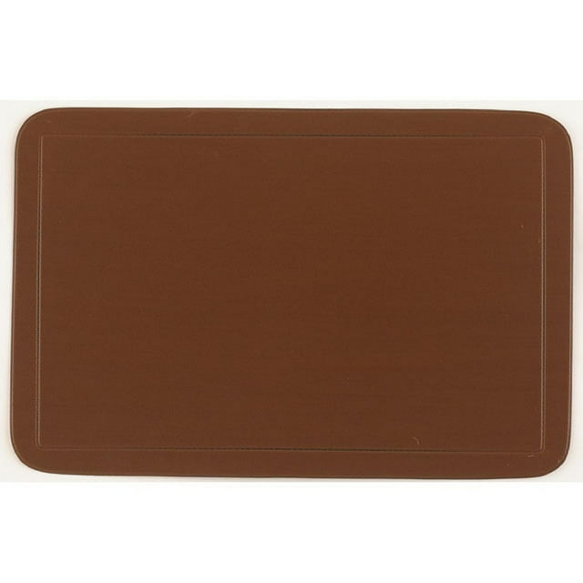 Rectangular chocolate brown plastic placemat with rounded corners and a subtle embossed border, part of a set of 12.