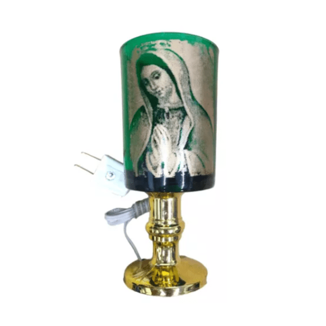 Lampara Tipo Veladora Vaso Verde Imagen Virgen AGL INCLUYE FOCO E12