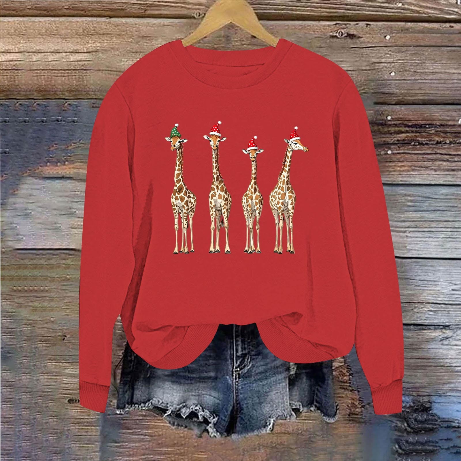 SYMOID Womens Red Christmas Crewneck Sweatshirt, 100% Cotton Loose Fit Festive Giraffe Graphic with Santa/Elf Hat,Size M