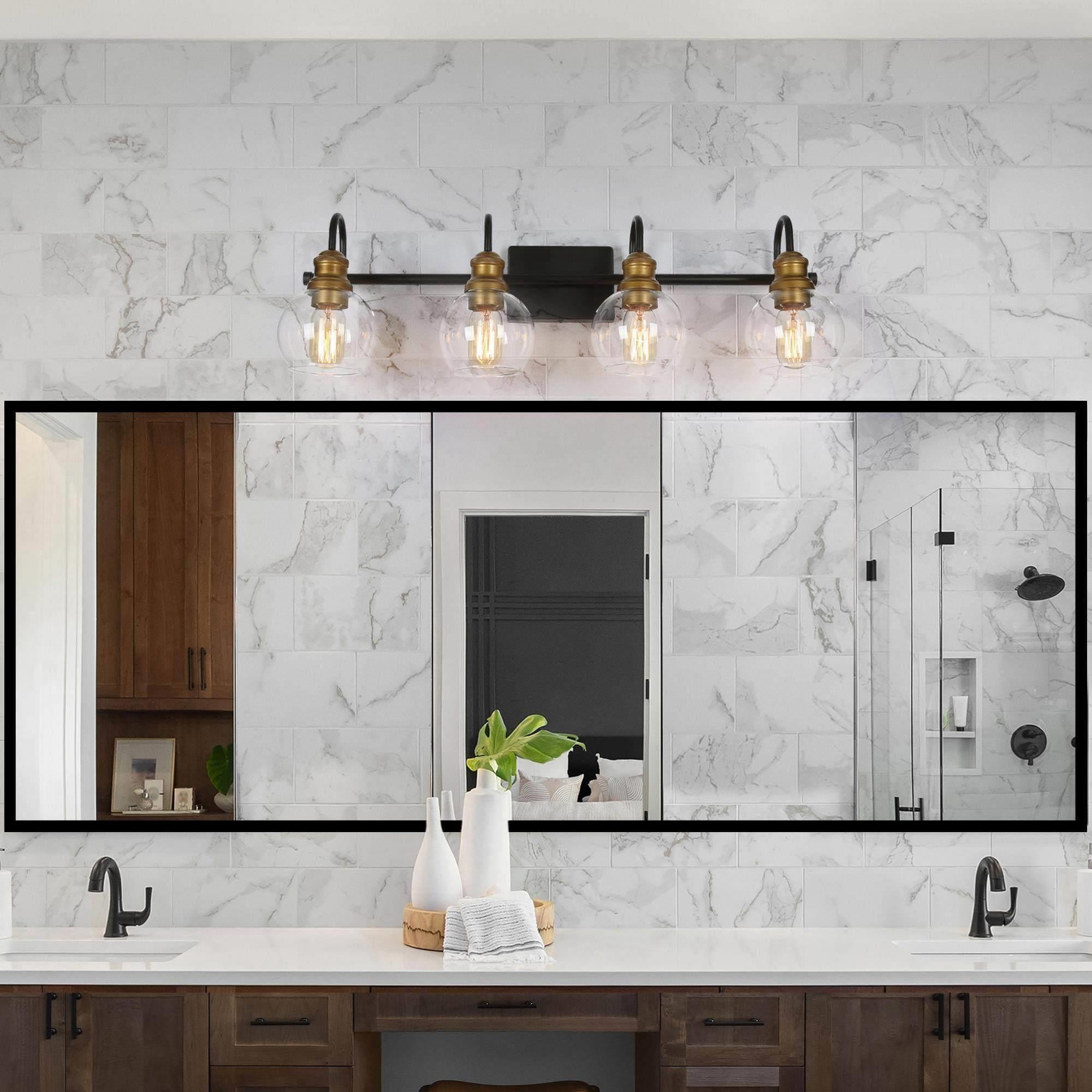LNC 4-Light Modern/Farmhouse Matte Black and Gold And Globe Clear Glass LED Vanity Light For Bathroom