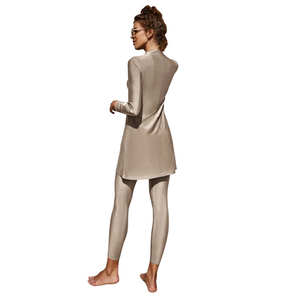 IBTOM CASTLE Women Muslim Swimsuits Modest Burkini Swimwear Islamic Long Sleeve Full Cover Swim Top Leggings Pants ​Bathing Suits M Apricot & Split