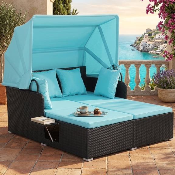 Furnibear Patio Rattan Daybed with Retractable Canopy and Folding Side Tables Outdoor Wicker Lounger for Poolside Deck, 65 Inch, Turquoise