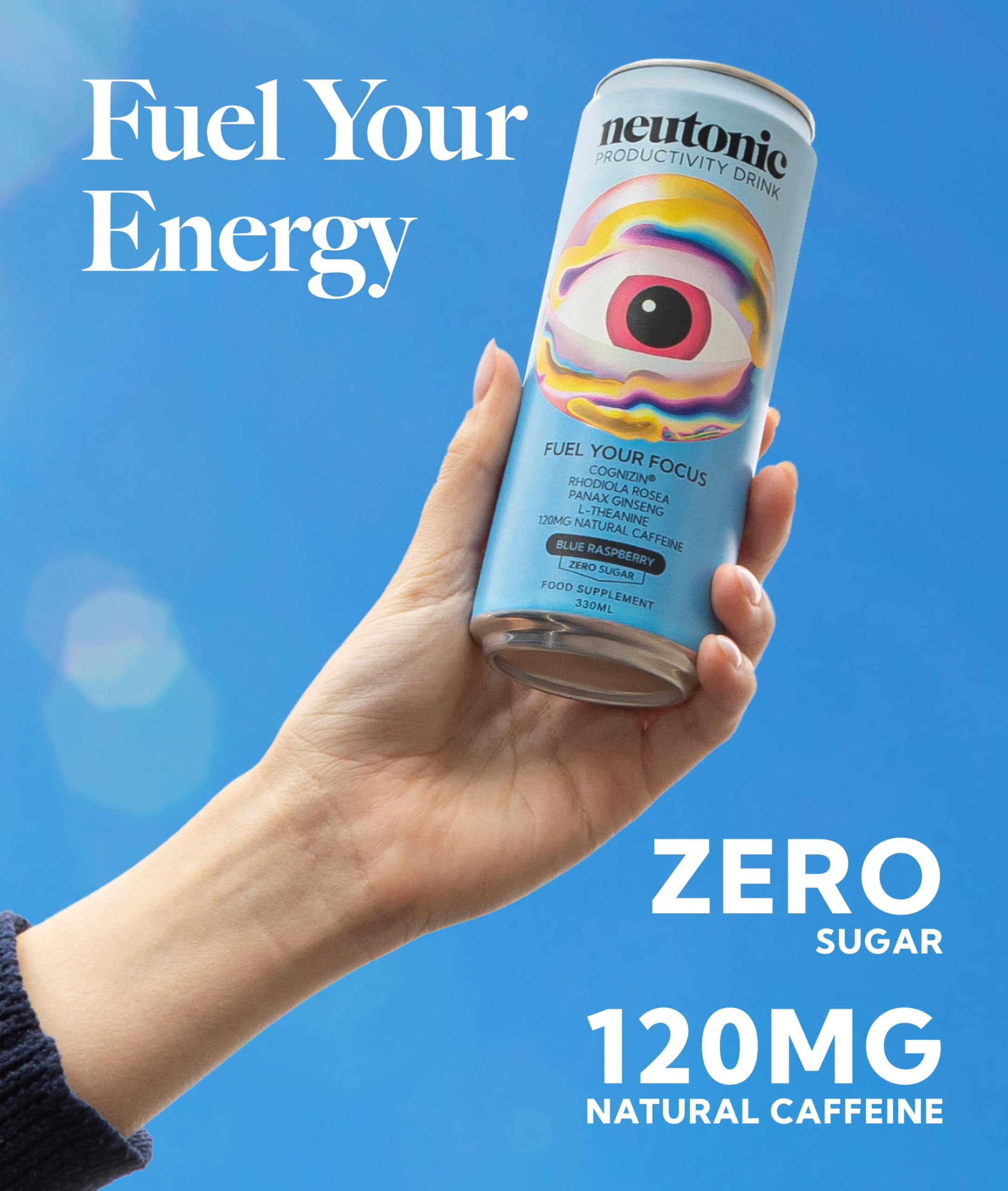 Neutonic Productivity Energy Drink, Boost Focus and Energy, Sugar Free, Science Backed Formula | 355 ML (12 cans) - Blue Raspberry