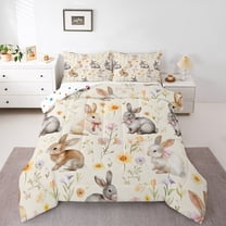 Homewish Kawaii Rustic Rabbit Full Size Comforter Sets,Colorful Country Floral Bedding Comforter Set,Beige Gray Bedding Sets For Girls Teens,Luxury Bedroom Decor Reversible,3pcs