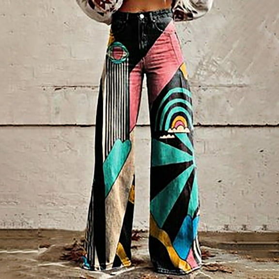 Women's Casual Pants 2025 New Summer Flower Wide Leg Pants Lightweight And Loose Casual Colorful Pants Imitation Jeans,Black Women's Casual Pants L