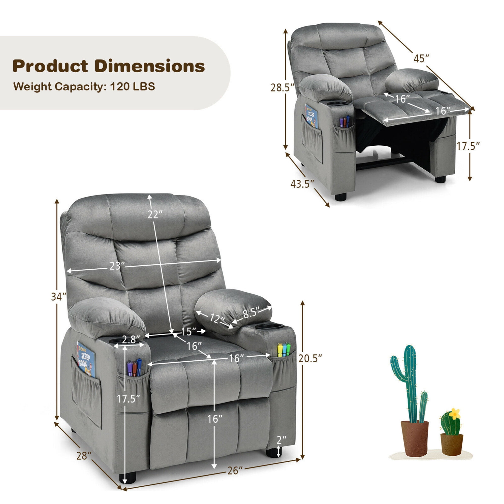 Gymax Kids Youth Recliner Chair Velvet Fabric w/Cup Holder & Side Pocket Grey