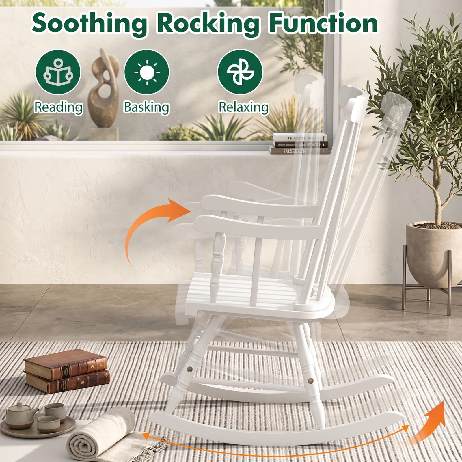 Furnibear Rocking Chair with Solid Rubber Wood Frame and Classic Spindle Back for Indoor Living Room, Front Porch and Patio, White