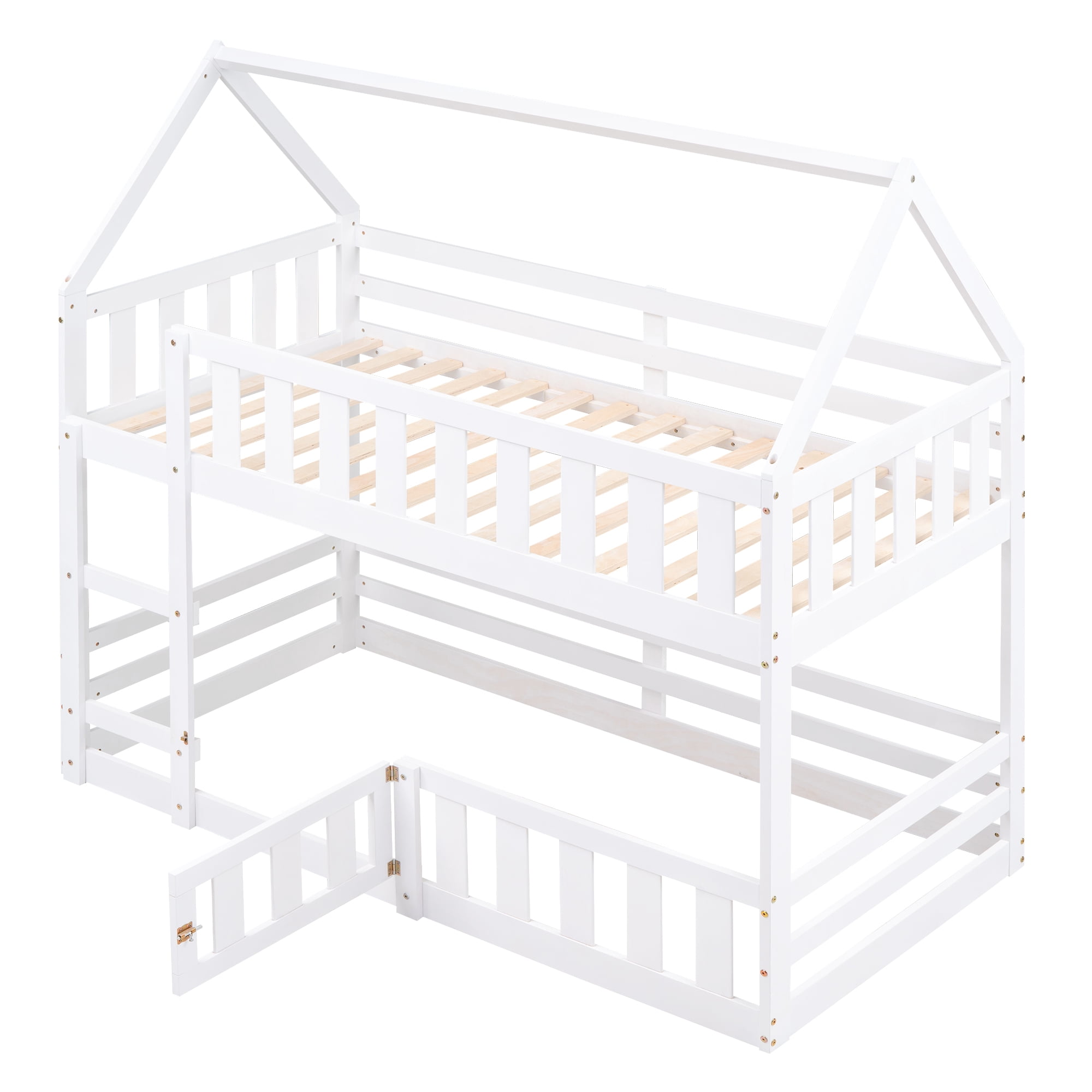 Aukfa Twin-over-Twin Bunk Bed with Fence and Door, Solid Wood House Bunk Bed for Kids Toddy - White