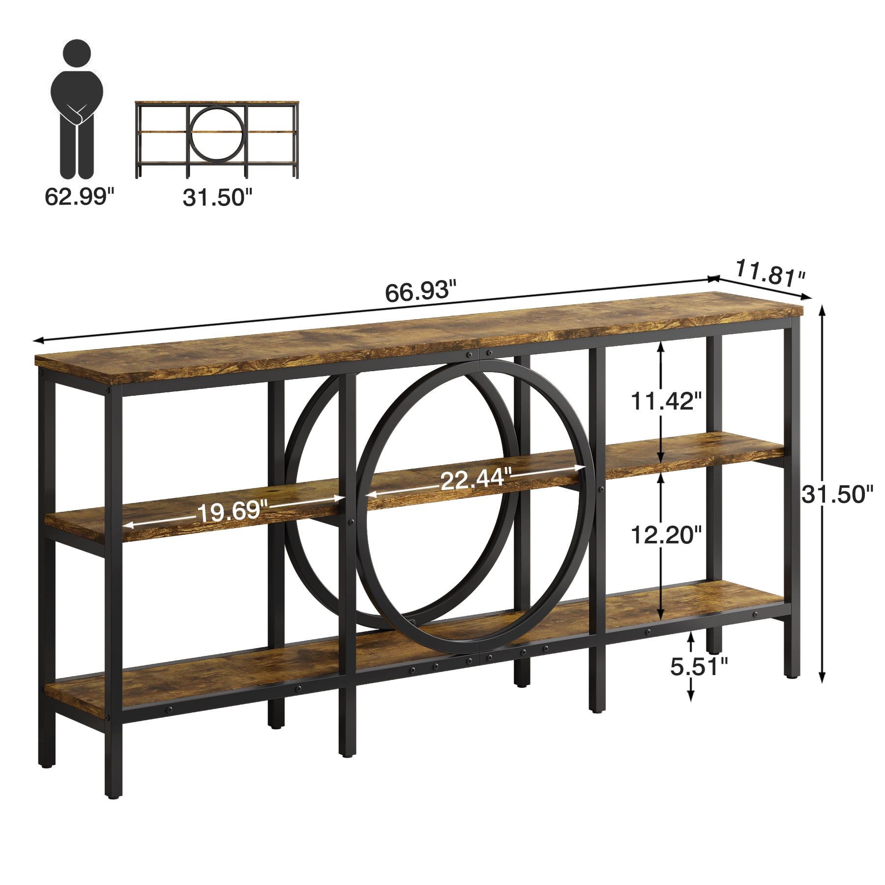Tarnorci 66.9" Sofa Console Table, Extra Long Narrow Entryway Tables with 3 Tier Storage Shelves