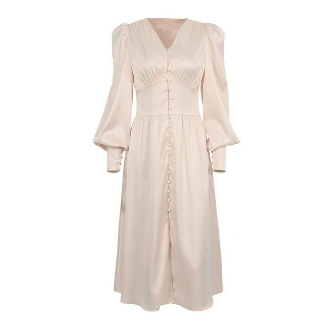 2024 Spring New Satin Dress Female Design Sense Lantern Sleeve Notched Slim Temperament Slim Long Dress