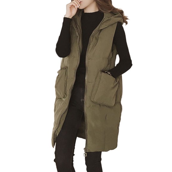 Lohuatrd Women Autumn Winter Solid Color Long Waistcoat Hooded Sleeveless Pockets Zipper Placket Vest Coat Cotton-padded Outwear