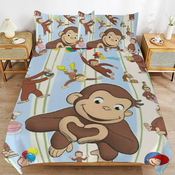 3-Piece Bed Duvet Cover with 2 Pillowcases Curious George Bedding Set Funny Comforter Sets 86"x70"