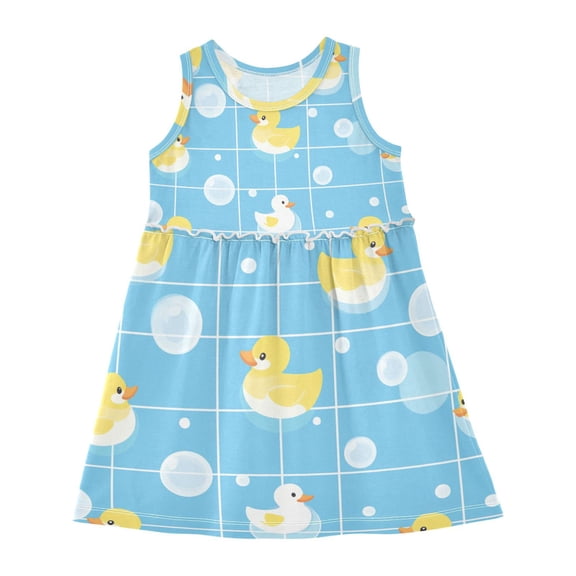 Blue Plaids Rubber Ducks Bubbles Sleeveless Dress A-Line One-Piece Dress Quick Dry 2T