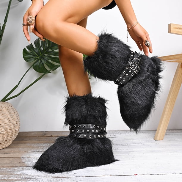 warm dress winter boots Women's Fuzzy Plush Black with Buckle Strap Fluffy Mid Calf Snow Boots Fleece Lined Flat Fashion Shoes Size 9 Color:Green Olive style:Chinos Tuck in your distressed BLACK DRESSES | Bloom