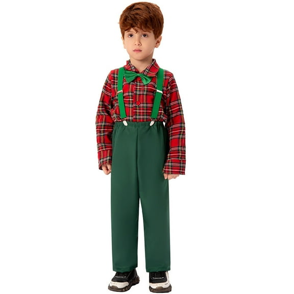 XIMIN Baby Boy Christmas Outfits Gentleman Style Xmas Clothes Red Plaid Shirt with Green Suspenders Long Pants and Bow Tie Set Wedding Dress Suits