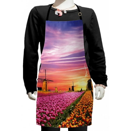 

Nature Kids Apron Tulip Fields and Windmills in European Landscape with a Sunset Sky View Boys Girls Apron Bib with Adjustable Ties for Cooking Baking Painting Orange Pink Purple by Ambesonne