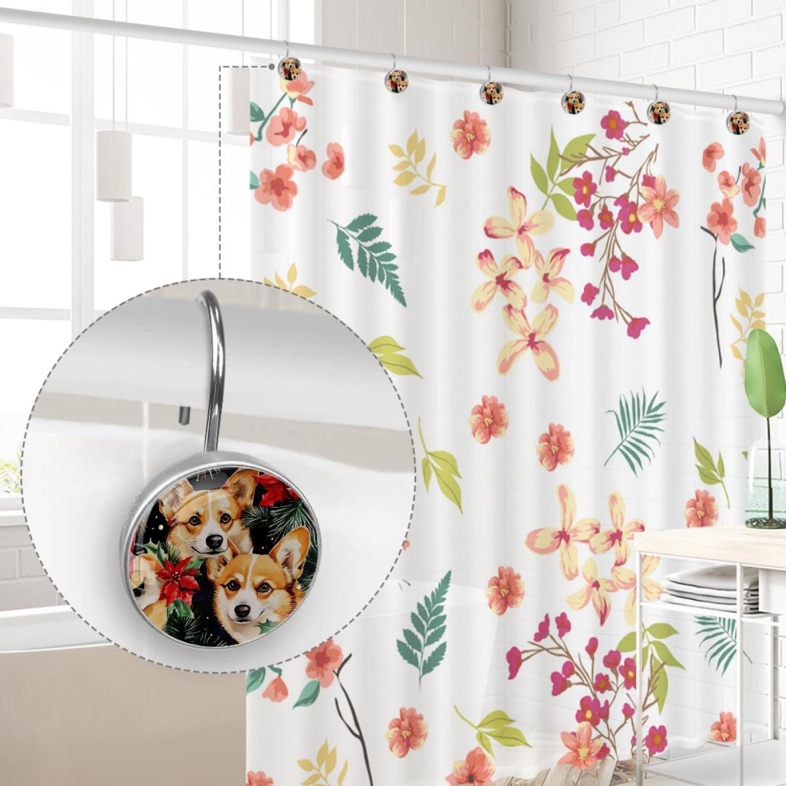 Red Poinsettia Berry Corgis Shower Curtain Hooks Round Crystal Glass, Set of 12 Shower Curtain Rings - Shower Hooks for Curtain Shower Rings
