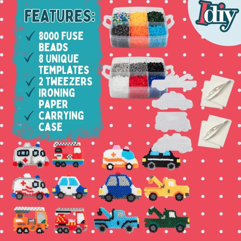 Fuse Beads 8,000pc Rescue Vehicles w Carrier CASE-18 Colors, 12 Unique Templates, 3 Peg Boards, 2 Tweezers, Melt Iron Paper- Car Truck Bulk Art Craft Project, Birthday Party Gift, School Activity