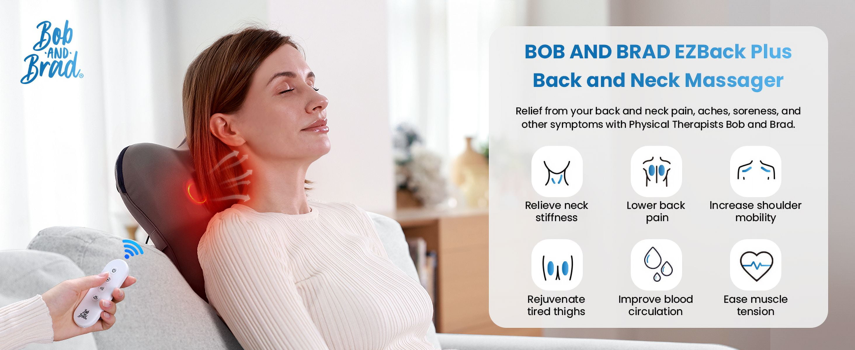 BOB AND BRAD EZBack Plus Neck Massager with Heat and Remote, Back Massager with 3 Level for Pain Relief Deep Tissue, Shiatsu Kneading Massage Pillow for Shoulders, Neck, Ideal Gifts