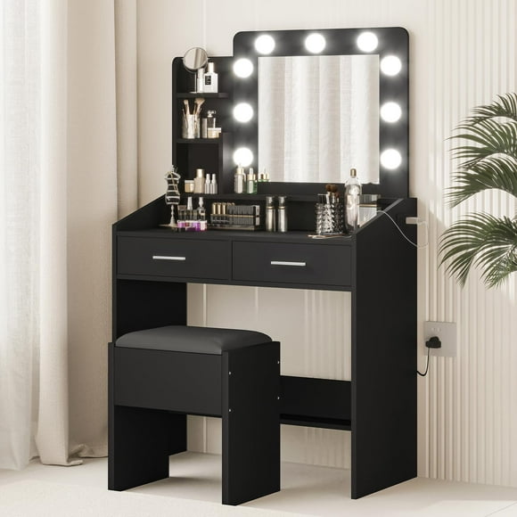 EDTara Vanity Desk with Mirror and Lights, White Makeup Vanity with 2 Drawers, 3 Light Mode and Brightness Adjusted, Makeup Table for Bedroom, Desk and Chair