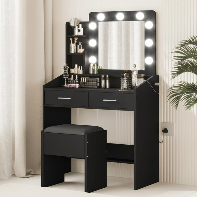 Dressing table with mirror and light, makeup table with power socket, 3 lighting modes with adjustable brightness, small dressing table set with 2 drawers, bedroom makeup table, white/black/pink/tabby