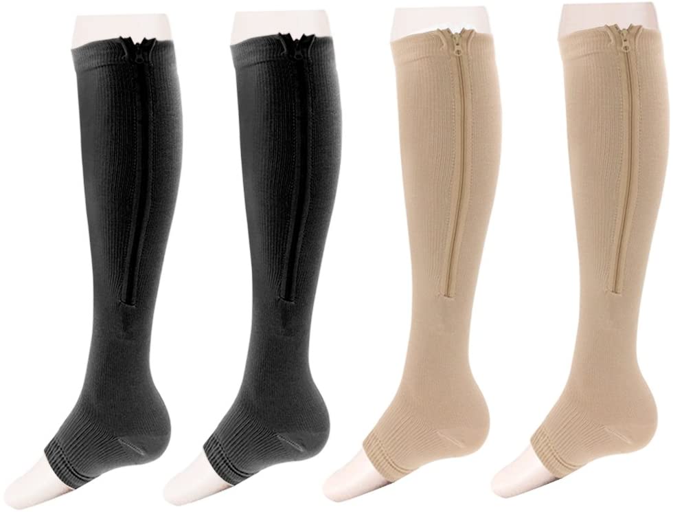 Zip Compression Socks Medical, 2 Pair Toeless Nurse Compression Socks