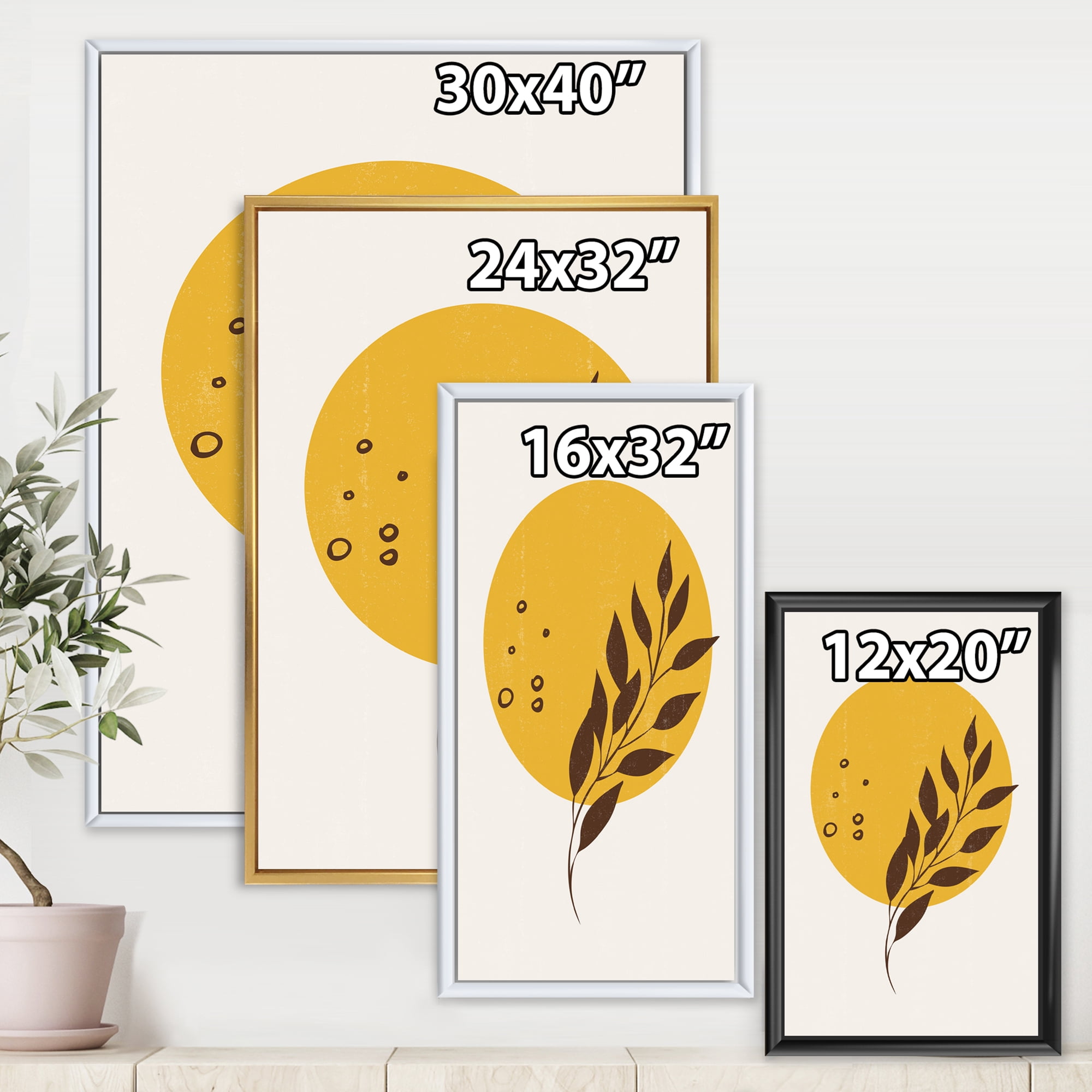 Designart 'Abstract Moon and Yellow Sun With Tropical Leaf II' Modern Framed Canvas Wall Art Print