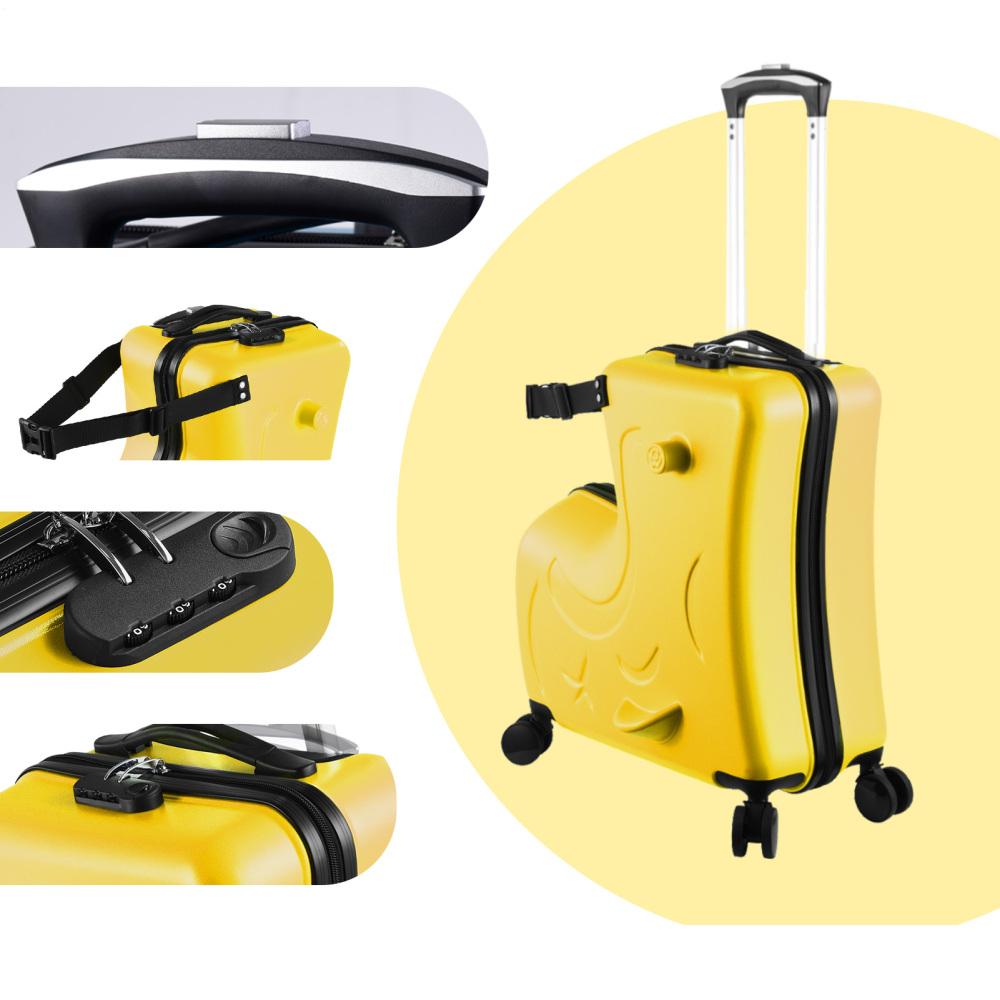 Kids Ride on Luggage for Aged 3-6, Toddler Luggage with Seat,Rolling Luggage with Spinner Wheels ,Suitcase Carry Trolley with Password Lock,with Safety Belt, Airplane Travel (Yellow)
