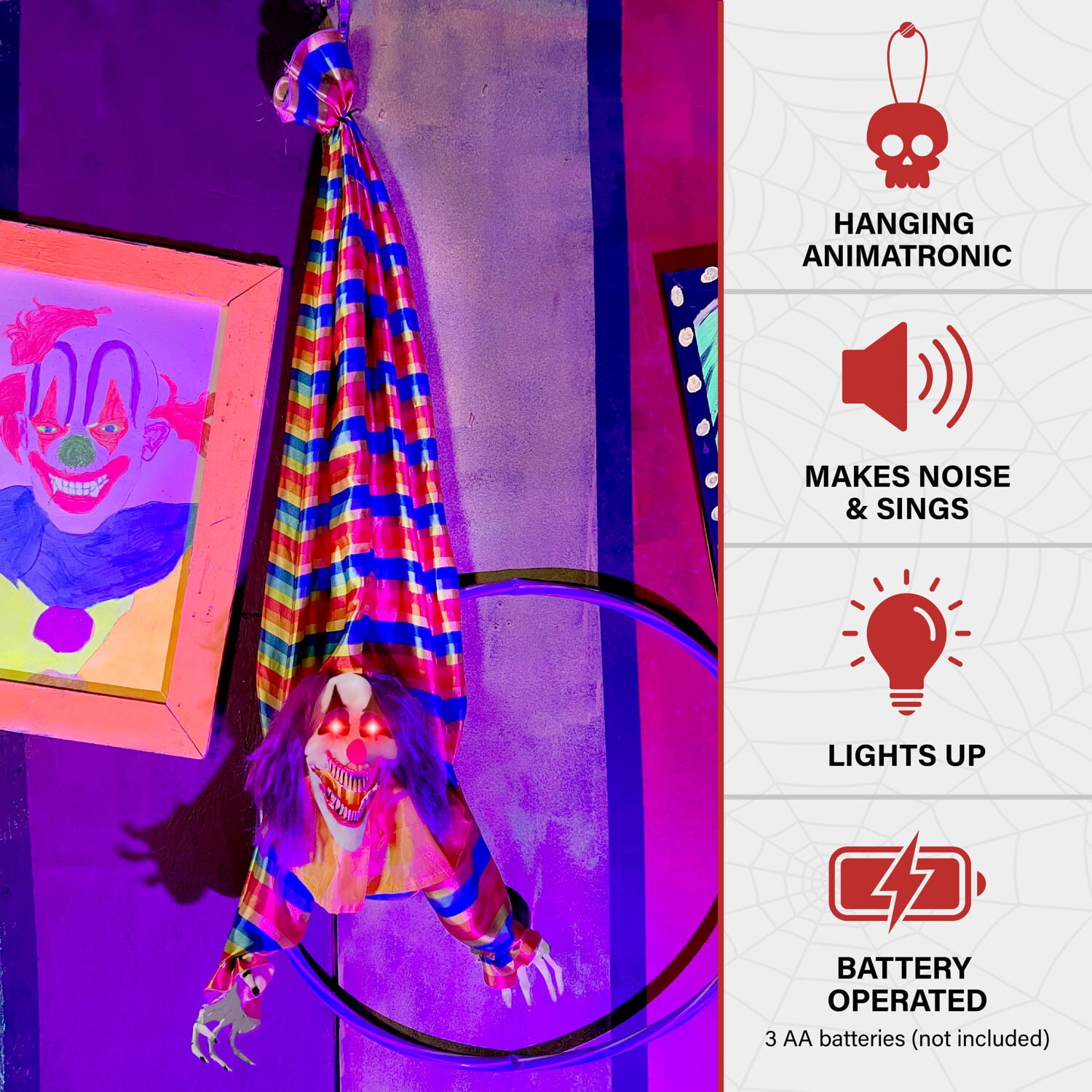 Haunted Hill Farm 47 in Animatronic Hanging Upside Down Clown with Lights and Sound, Halloween Decoration, HHCLOWN-39HLSA