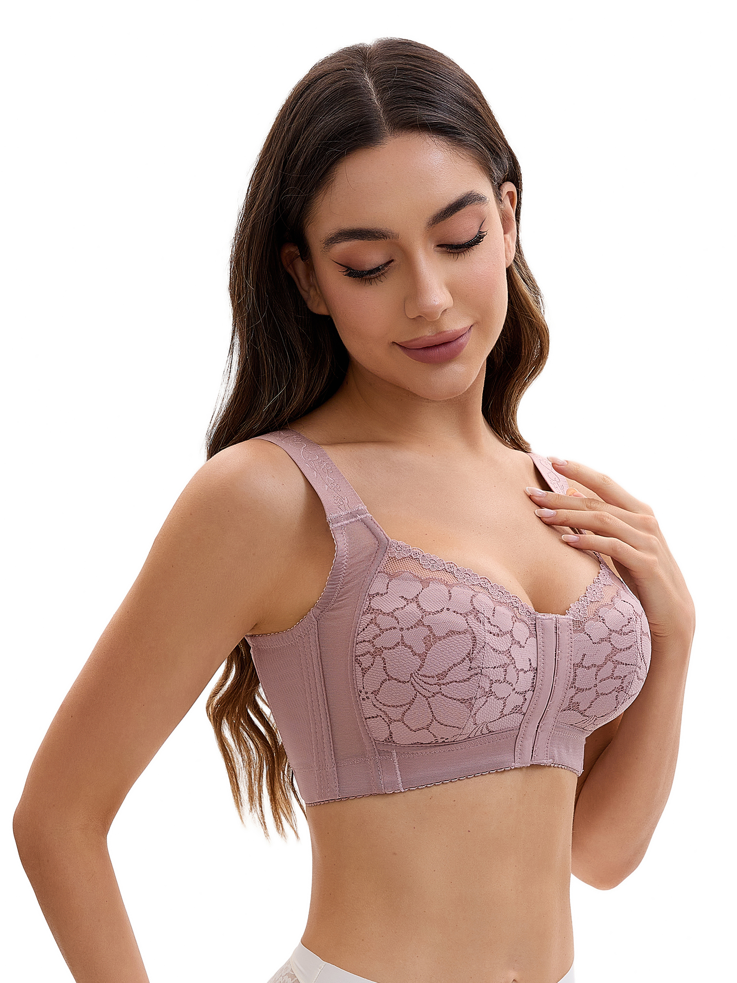 Unique Bargains Lace Front Closure Full Coverage Wirefree Bras E 46 Dusty Pink