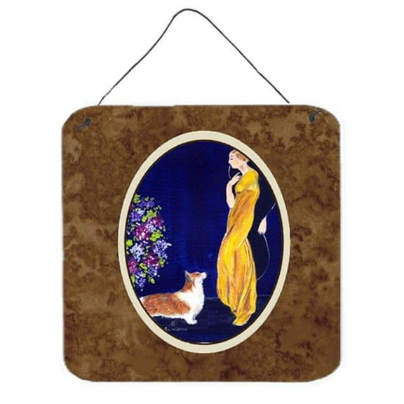 6 x 6 in. Lady with her Corgi Aluminium Metal Wall or Door Hanging Prints
