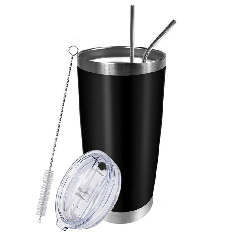 20oz Black Tumbler Insulated Stainless Steel Coffee Cup with Lid 2 Straws Brush, Adult Unisex, Size: 17.5