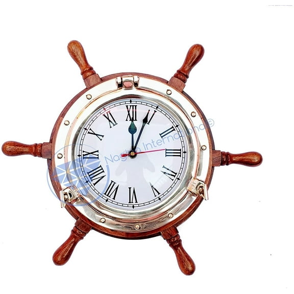 Nagina International Deluxe 13" Nautical Ship Wheel with Full Size Solid Brass Clock - Vintage Ocean Beach Home Decor Gift
