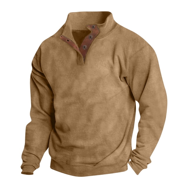 Man Casual Patchwork Solid Pullover Fashion Long Sleeve Stand Collar Button Blouse