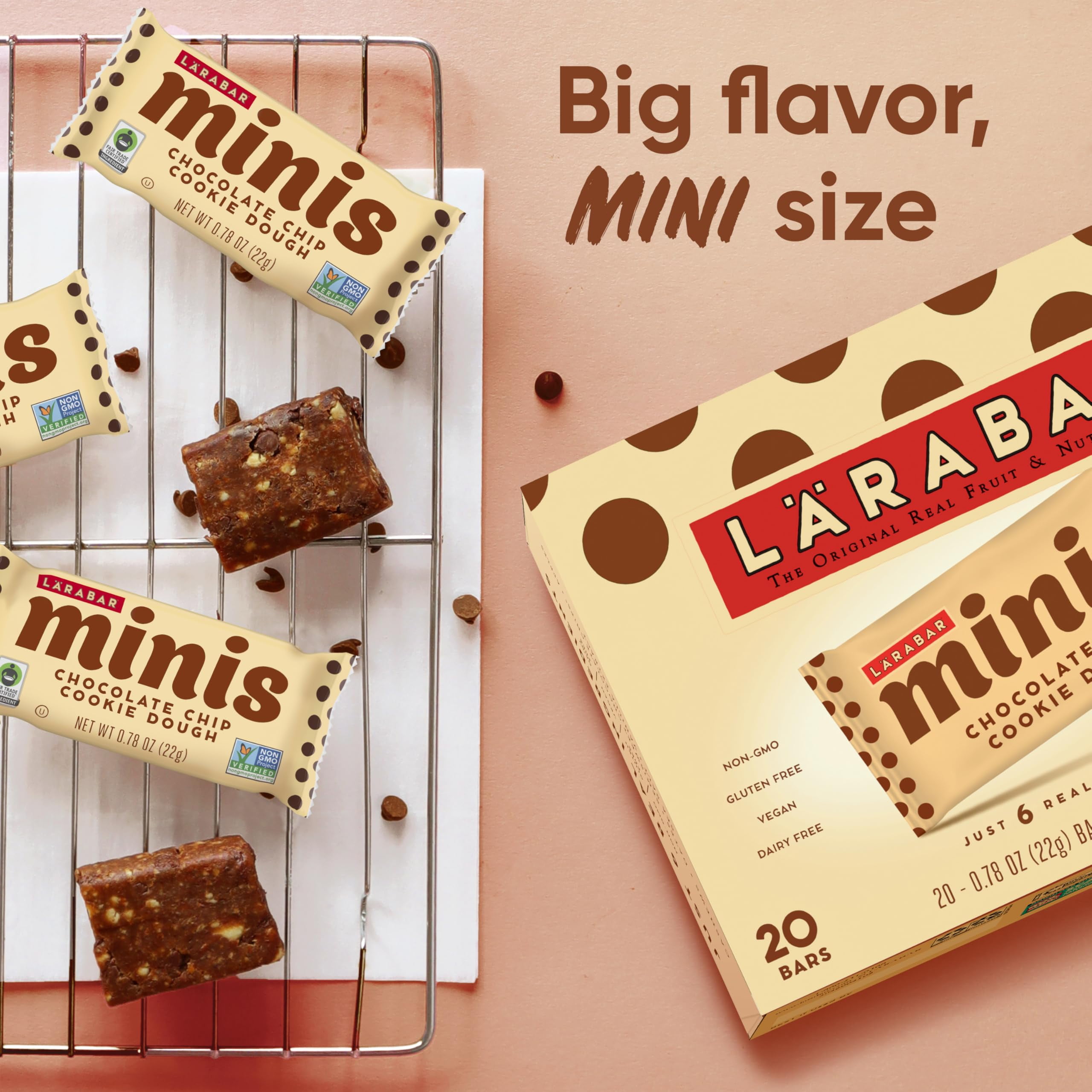 Larabar Chocolate Chip Cookie Dough Mini Bars, Gluten Free Vegan Fruit & Nut Bar, 0.78 oz Bars, 20 Ct