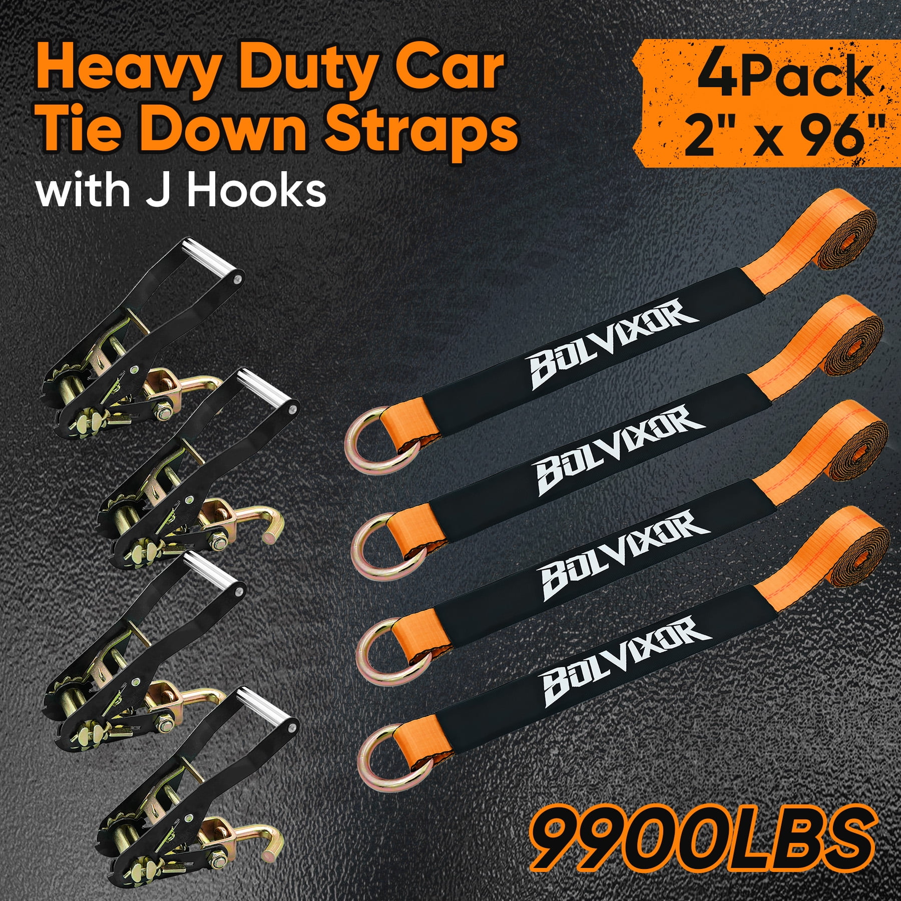 4 Pack Car Tie Down Straps for Trailers 2" x 96" - 9900LBS Break Strength - Tire Ratchet Straps with J Finger Hooks for Hauling UTV, SUV, Truck, Any Cars