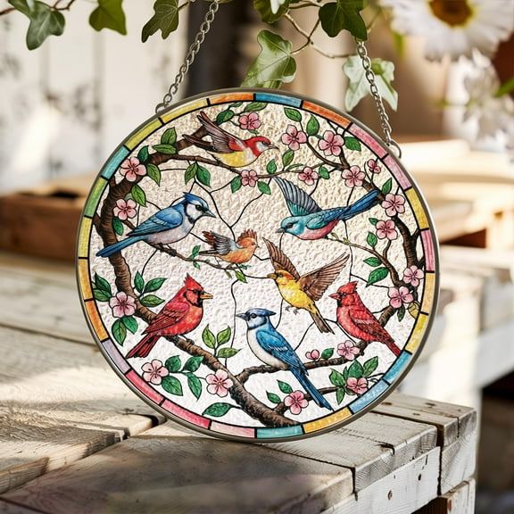 Birds On A Branch Stained Glass Ornament, Stained Glass Window Hanging Suncatcher, Cardinal Hummingbird Glass Panel Decor Gift