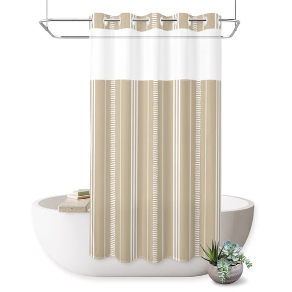 No Hook Shower Curtain, Boho Beige Shower Curtains for Bathroom with See Through Top Window, Minimalist Farmhouse Striped Waterproof & Washable Bath Curtain Narrow 54"x78"