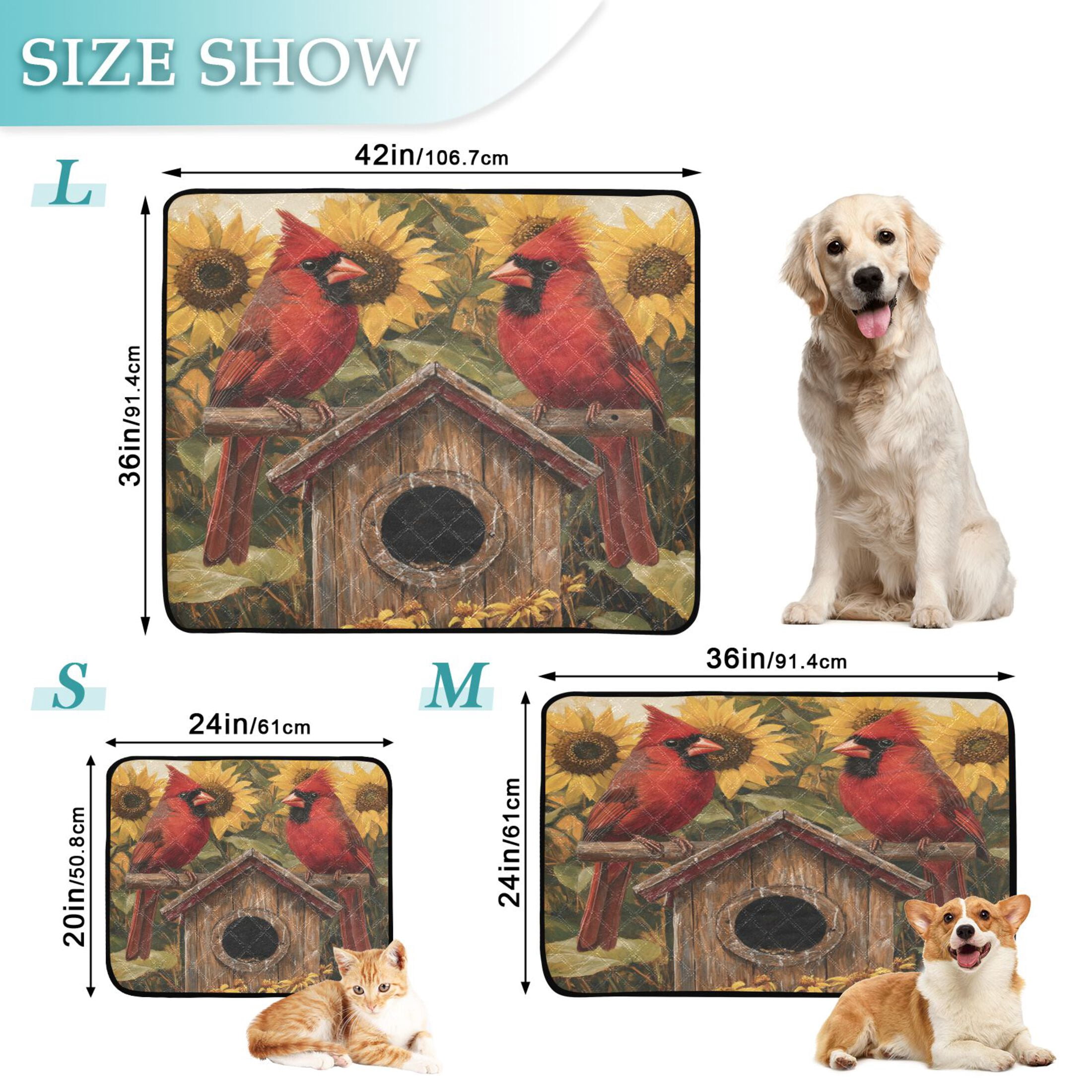 Qxltty Summer Sunflowers Cardinal Bird Cat litter Pads Pet Set of 2 Diaper Mats Center Anti-leakage Layer Absorbent Soft and Comfortable