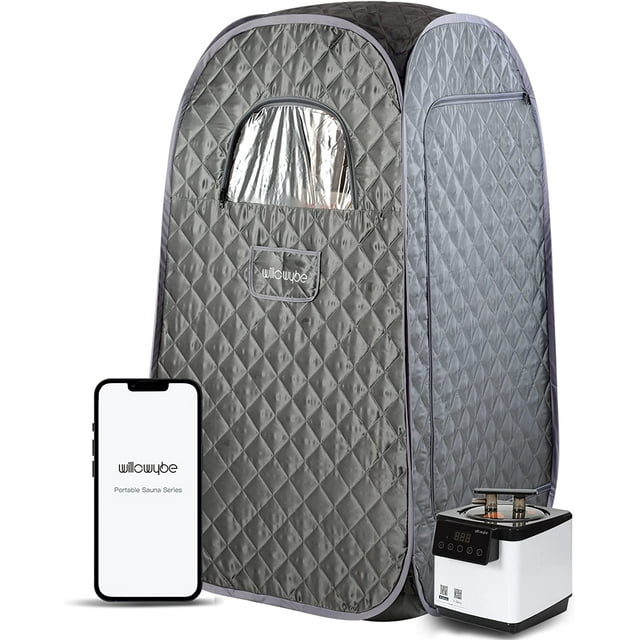 WillowyBe Portable Steam Sauna with Bluetooth Control, featuring a grey quilted body tent with a transparent window, a foldable chair, and a compact steamer unit. The sauna is compatible with an app and remote control for synchronized time and temperature settings, visible on the app. Includes a smartphone displaying the WillowyBe Portable Sauna Series interface.