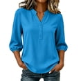thumbnail image 2 of thefmos Women's Fall Winter V Neck 3/4 Sleeve Blouses Button Down Casual Loose Tops Dressy Trendy Solid Work Office Fashion Clothes, Blue M, 2 of 7