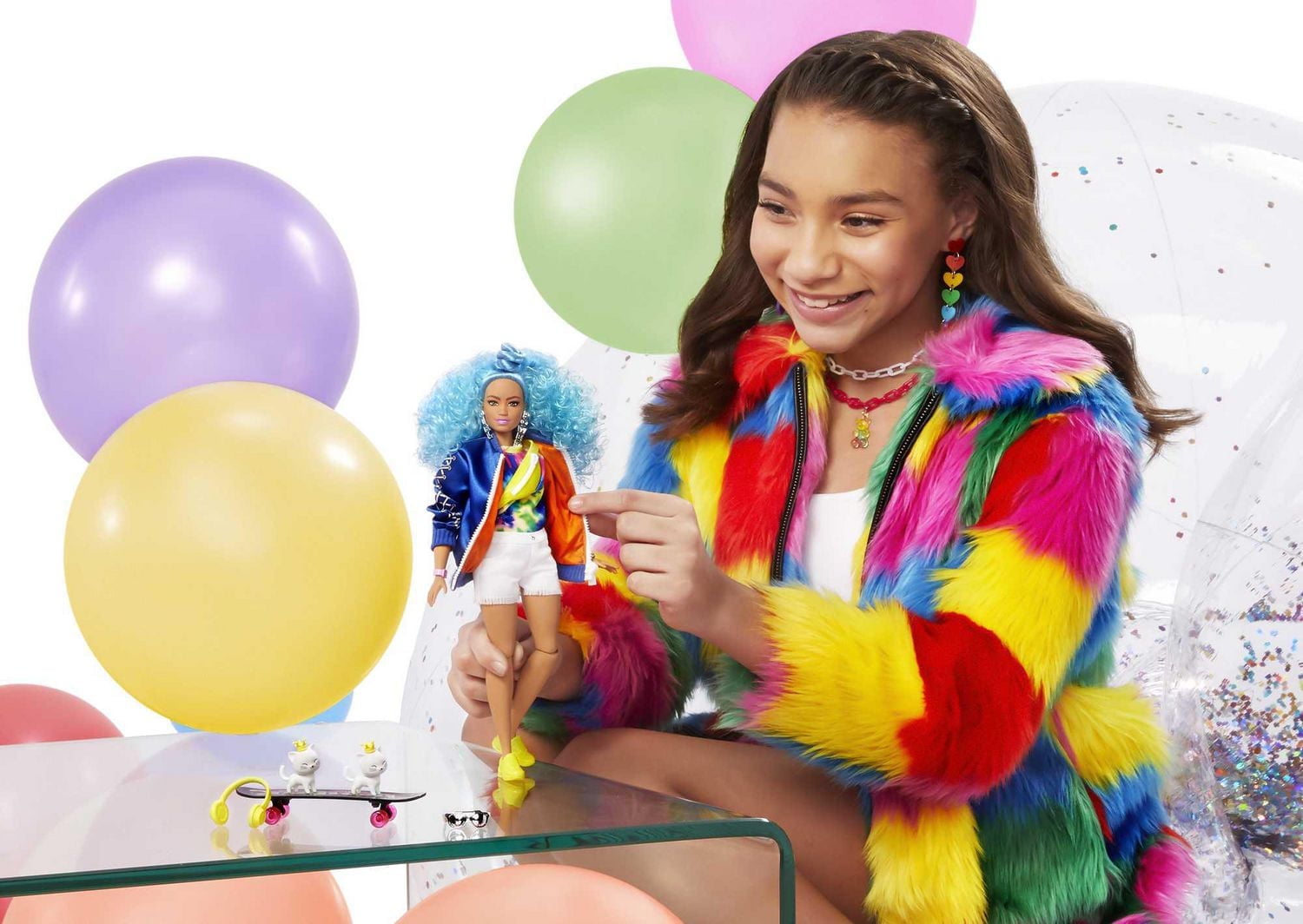 Barbie Extra Doll #4, Curvy, in Zippered Bomber Jacket with 2 Pet Kittens, Extra-Curly Blue Hair, Layered Outfit & Accessories Including Skateboard, Multiple Flexible Joints, Gift for Kids 3 Years Old