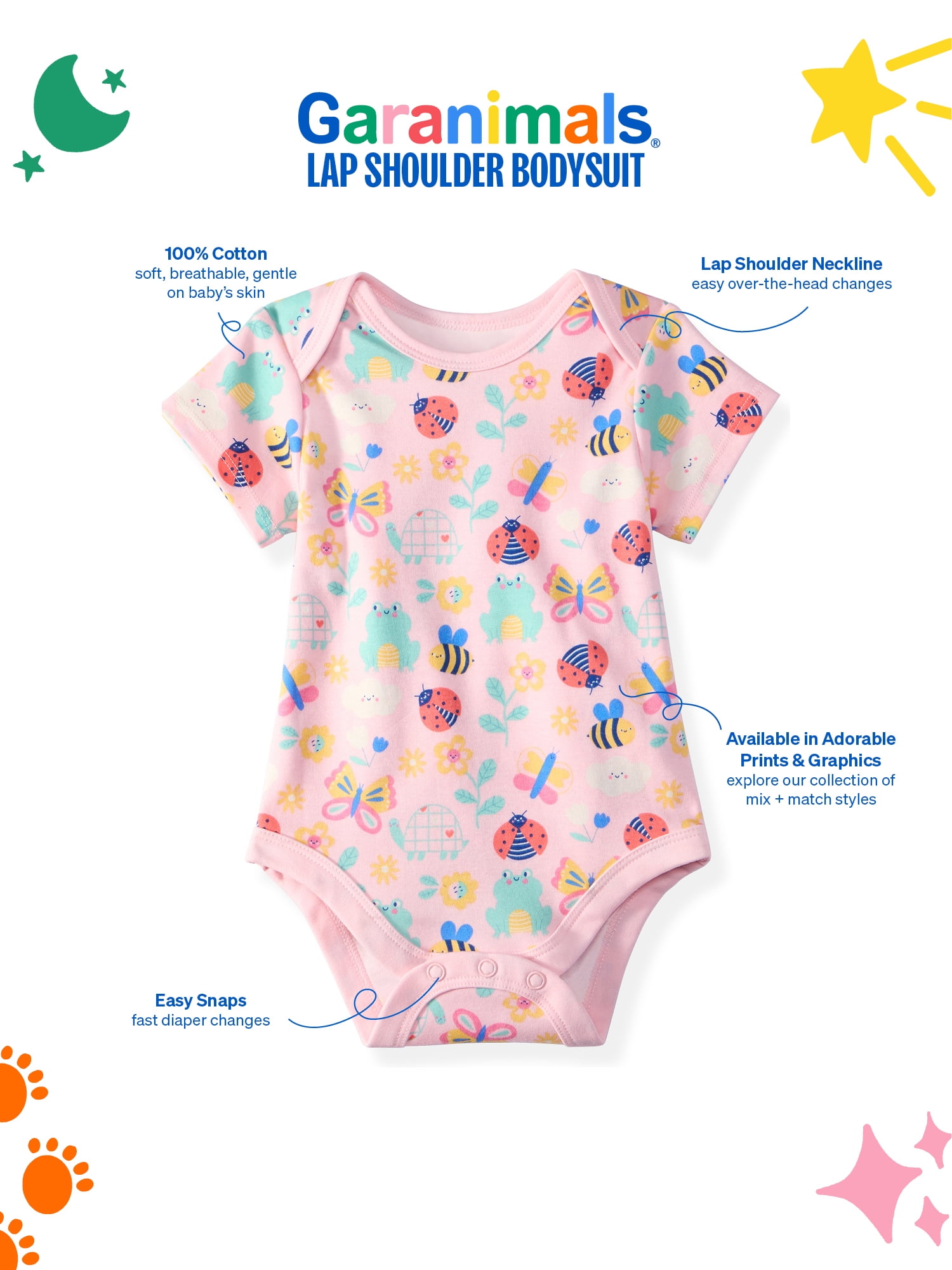 Garanimals Newborn & Baby Girl Cotton Lap-Shoulder Short-Sleeve Bodysuit, Sizes 0–24M