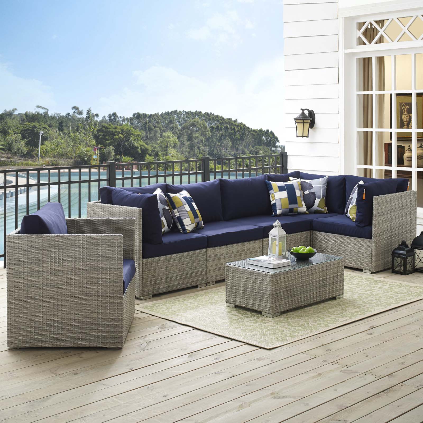 Modern Contemporary Outdoor Patio Balcony Garden Furniture Lounge Sectional Sofa and Table Set, Sunbrella Rattan Wicker, Navy Blue Light Gray - image 2 of 9