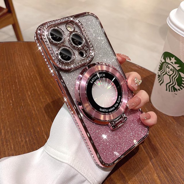 Funda OUROL con soporte magnético y lente brillante para iPhone 15 Pro Max rosa