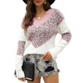 thumbnail image 2 of Womens Striped Sweater Casual Leopard Long Sleeve V Neck Chunky Knit Drop Shoulder Pullover Jumper Tops Pink S, 2 of 8