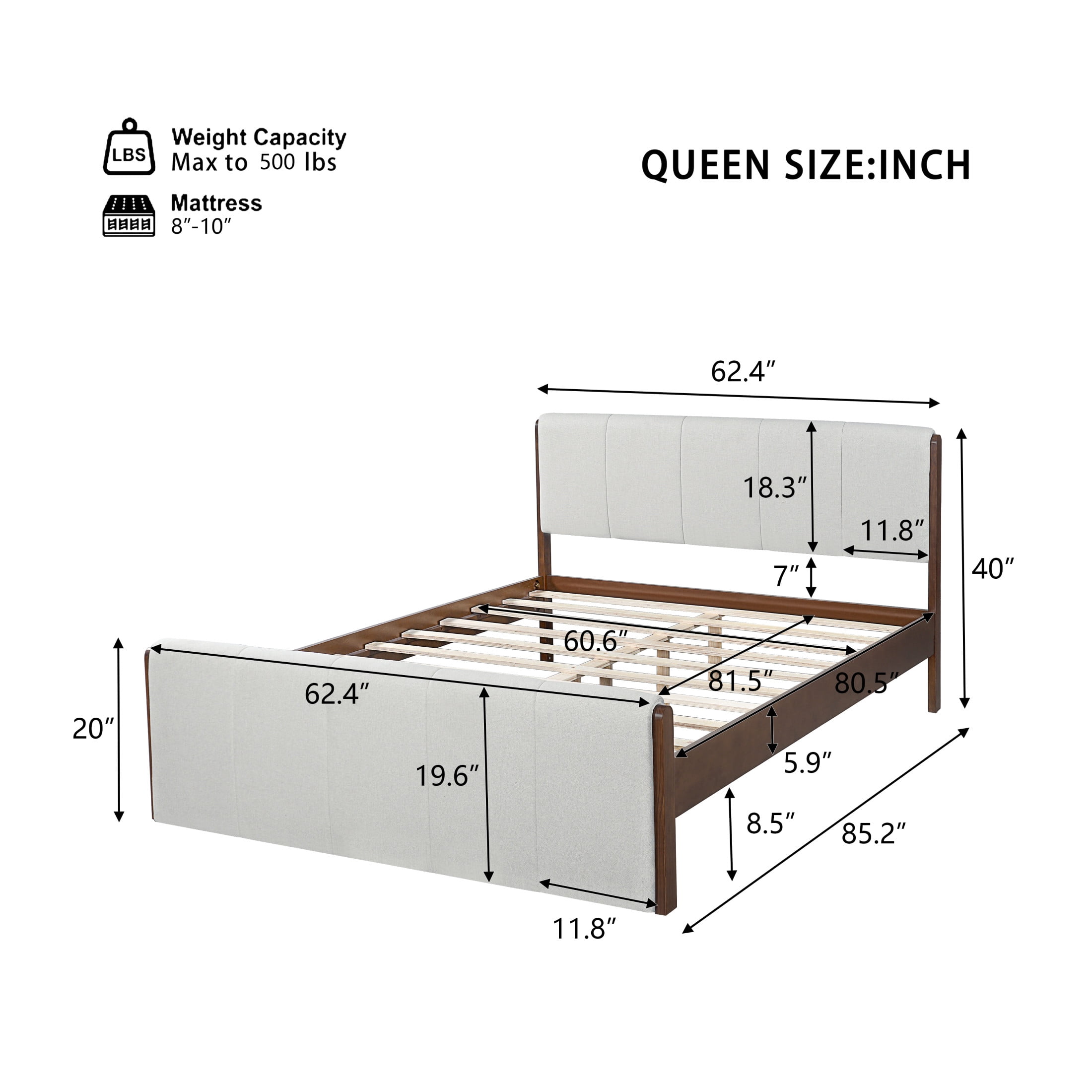 Christopher Knight Home Queen Upholstered Bed Frame, Platform Bed with Wood Trim, Gray + Walnut